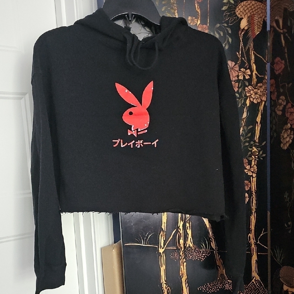 PLAYBOY Black Cropped Hoodie with Japanese Bunny Logo